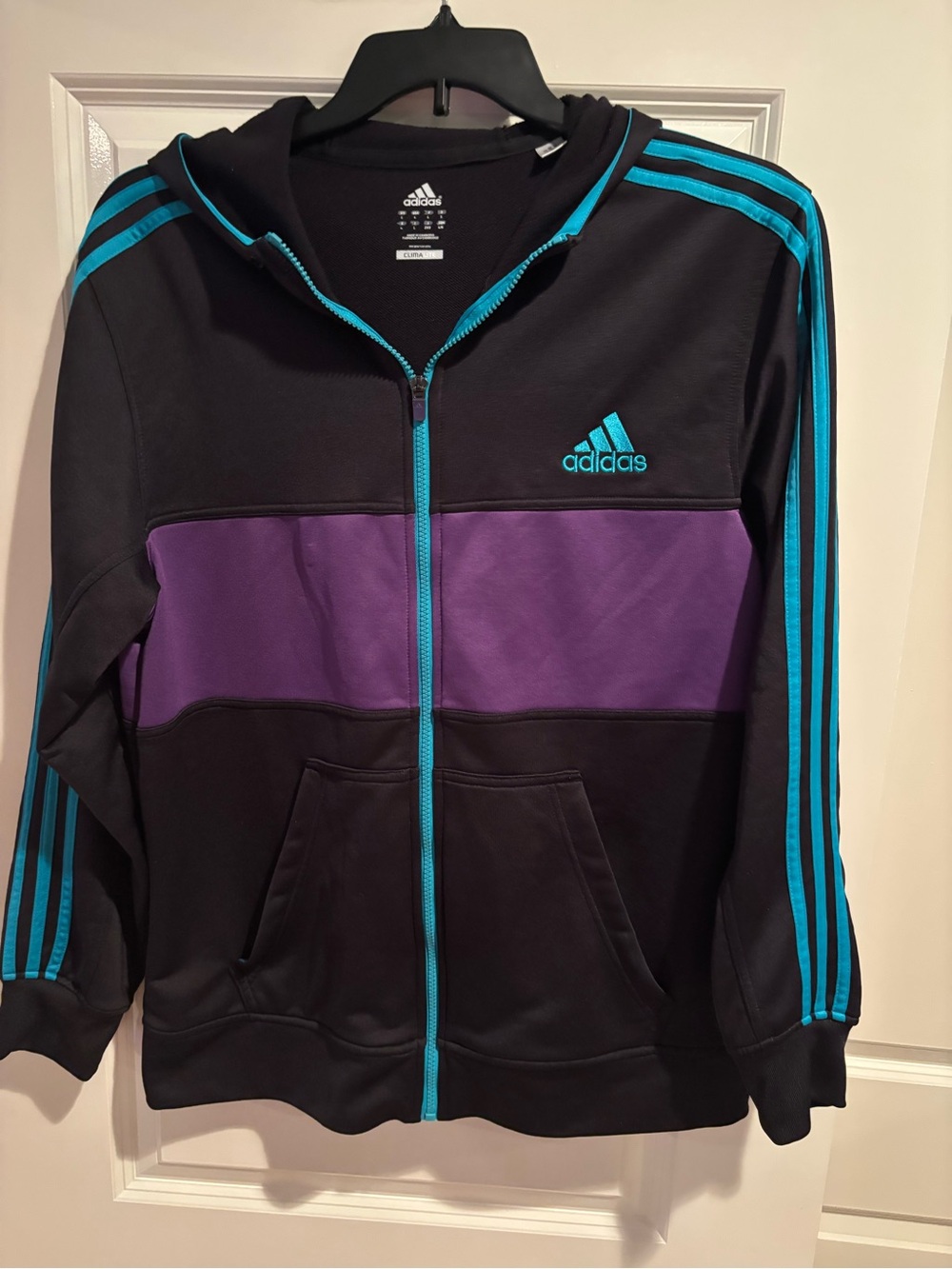 Adidas Women’s Large ClimaLite Black Purple Teal Full Zip Hoodie Track Jacket